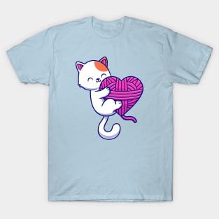 Cute Cat Playing Yarn Ball Cartoon T-Shirt